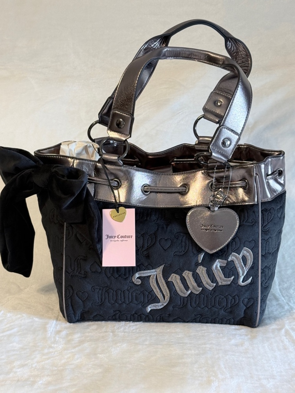 Juicy Couture Black Daydreamer Tote with Gunmetal Accents and Heart Charm